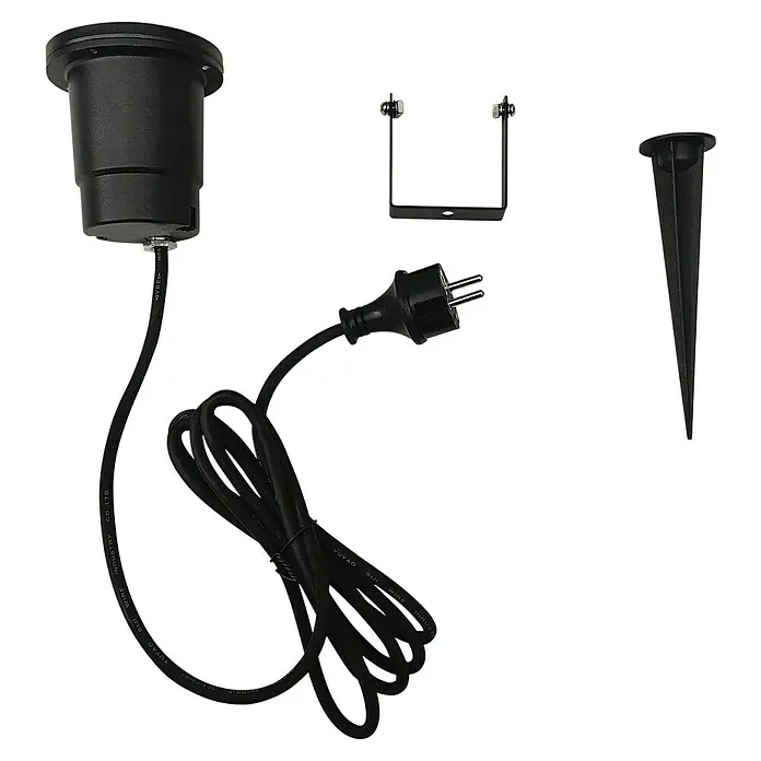 Starlux Splash LED-Gartenstrahler - 3 W, Schwarz, IP44, LED - Abbildung eines schwarzen LED-Bodeneinbaustrahler-Sets mit Erdspieß, Halterung und Stecker für den Außenbereich.