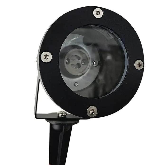 Starlux Splash LED-Gartenstrahler - 3 W, Schwarz, IP44, LED - Eine Nahaufnahme eines schwarzen Gartenstrahlers mit runder Linse und sichtbarer Lampenfassung, ideal für die Beleuchtung im Freien.