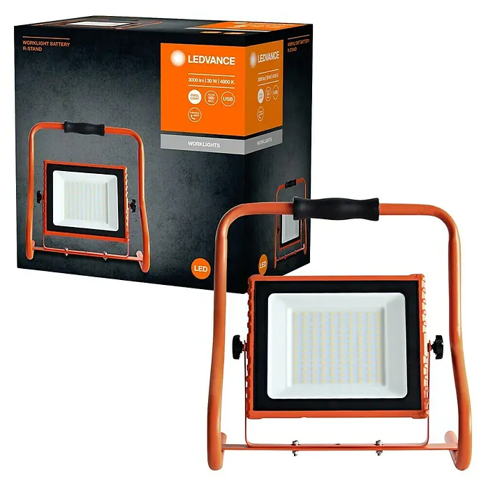 Ledvance LED-Baustrahler - 4.000 K, 311 x 200 x 316 mm, IP44 - Das LEDVANCE Worklight Battery R-Stand Arbeitslicht mit Akku, 3000 lm und USB-Anschluss für flexible Beleuchtung auf Baustellen und im Freien.