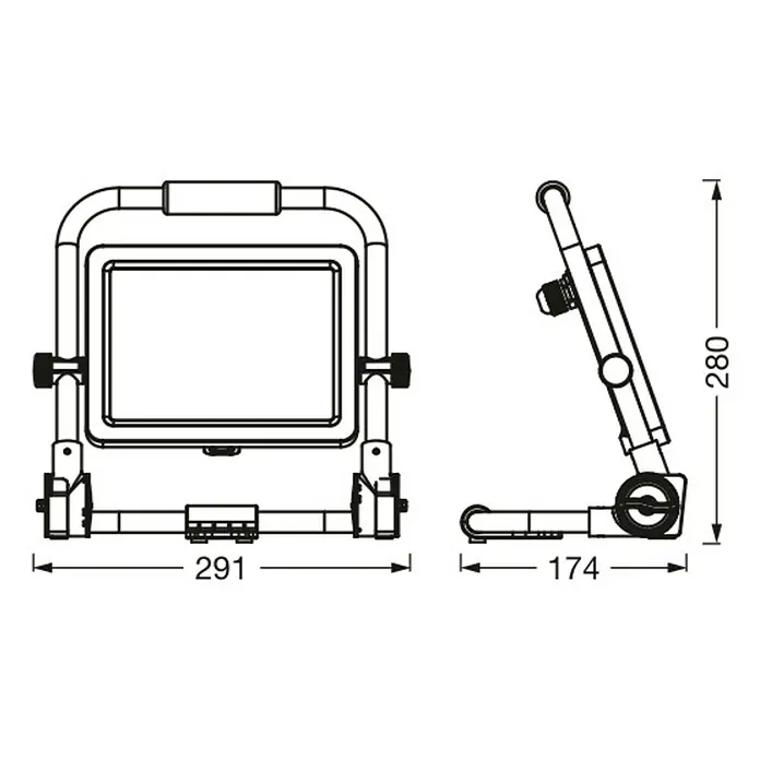 Ledvance LED-Baustrahler R-Stand - 50 W, 6.000 lm, 6.500 K, 291 x 174 x 280 mm, IP65 - Tragbarer Arbeitsstrahler mit Ständer. Maße: 291mm Breite, 280mm Höhe, 174mm Tiefe.