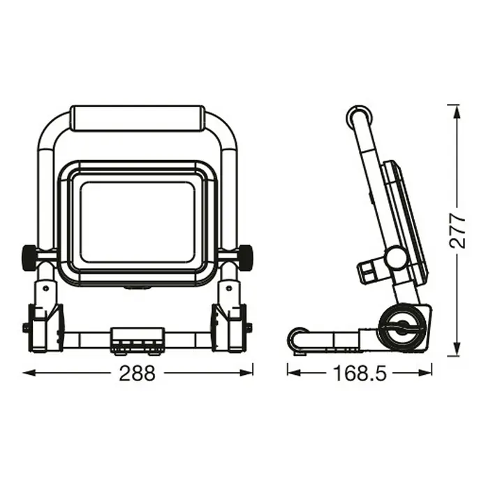 Osram LED Baustrahler Worklights Value - 3.000 lm, 6.500 K, 28,8 x 16,9 x 27,7 cm, IP54 - Tragbarer Arbeitsstrahler mit Griff, Vorder- und Seitenansicht mit Maßen: Breite 288, Höhe 277, Tiefe 168,5.