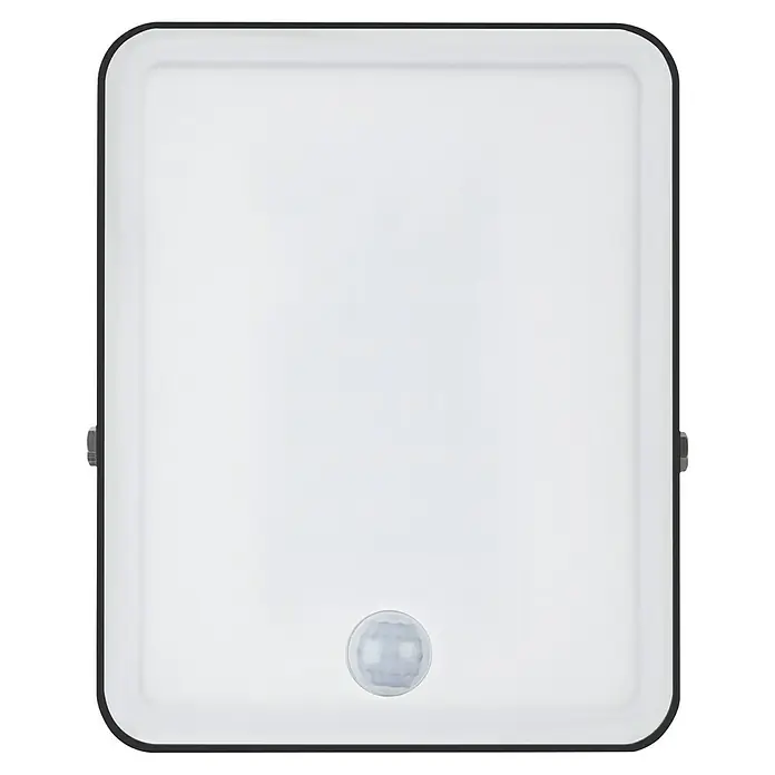 Ledvance LED Baustrahler Essential Sensor - 30 W, 2.700 lm, 4.000 K, 238 x 161 x 30 mm, IP65 - Nahaufnahme einer quadratischen LED-Leuchte mit Bewegungssensor. Die Leuchte hat einen weißen Diffusor und einen schwarzen Rahmen.