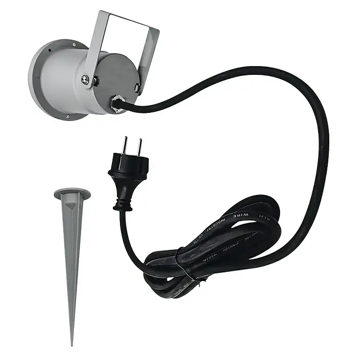 Starlux Splash LED-Gartenstrahler3,2 W, Silber, IP44, LED - Bild einer weißen Gartenleuchte mit Erdspieß und schwarzem Kabel. Die Leuchte ist für den Außenbereich konzipiert und leicht zu installieren.