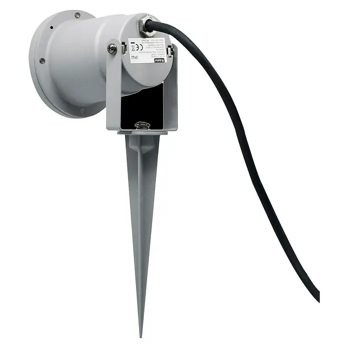 Starlux Splash LED-Gartenstrahler3,2 W, Silber, IP44, LED - Diese Aufnahme zeigt eine Außenleuchte aus grauem Metall mit schwarzem Kabel und Erdspieß. Ideal für die Gartenbeleuchtung.