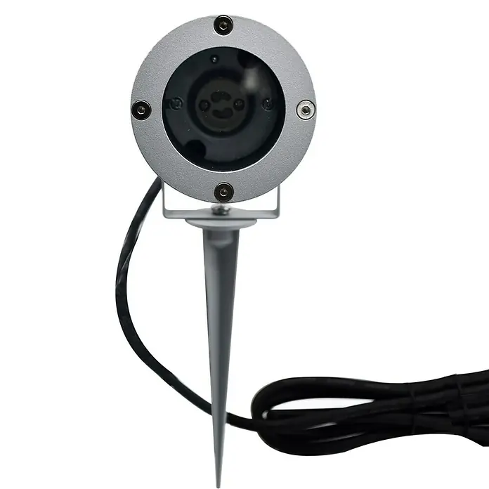 Starlux Splash LED-Gartenstrahler - 3,2 W, Silber, IP44, LED - Abbildung eines silbernen Projektorstrahlers mit Erdspieß und schwarzem Kabel. Das Gerät ist für den Außenbereich geeignet.