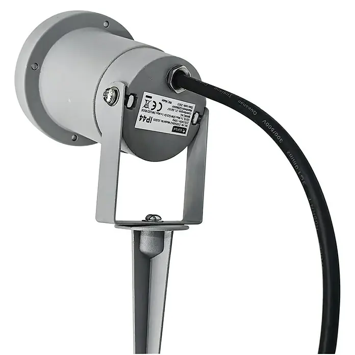 Starlux Splash LED-Gartenstrahler - 3,2 W, Silber, IP44, LED - Nahaufnahme einer grauen Starlux Gartenleuchte mit Erdspieß und schwarzem Kabel, ideal für die Außenbeleuchtung.