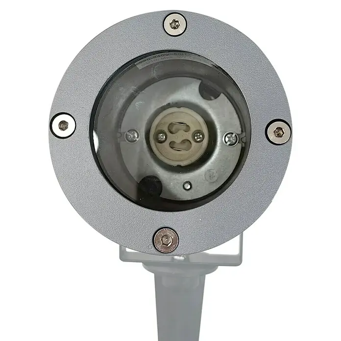 Starlux Splash LED-Gartenstrahler3,2 W, Silber, IP44, LED - Nahaufnahme einer runden, silbernen Gartenleuchte mit Schrauben am Rand und einem Lampensockel in der Mitte.
