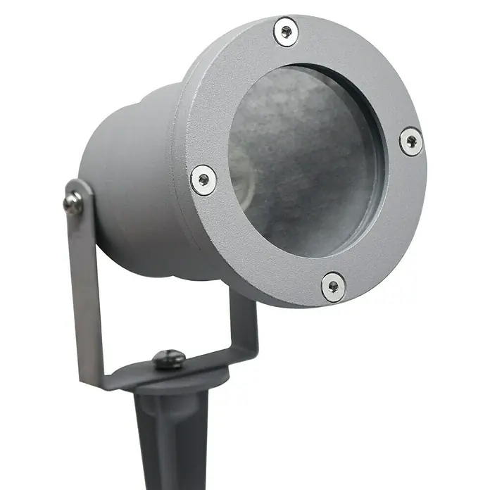 Starlux Splash LED-Gartenstrahler3,2 W, Silber, IP44, LED - Nahaufnahme einer grauen Gartenleuchte mit Erdspieß, ideal für die Beleuchtung im Außenbereich und zur Akzentuierung von Pflanzen.