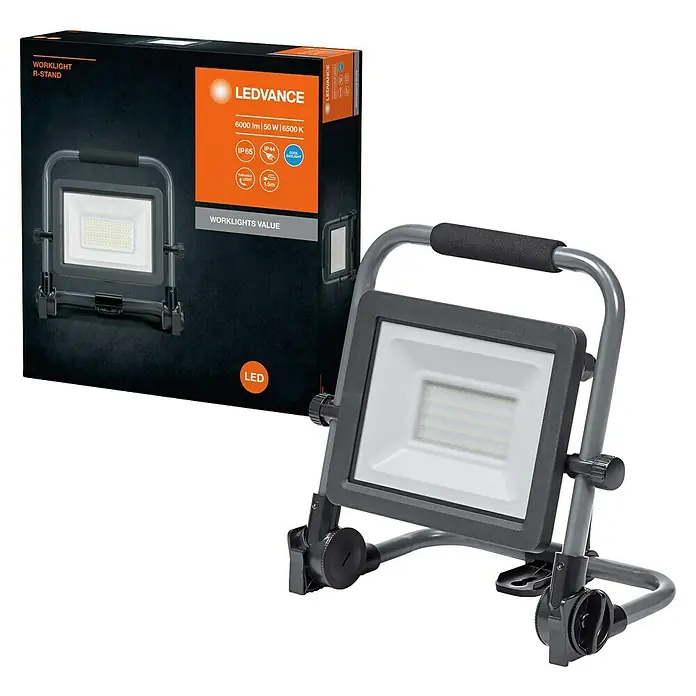 Ledvance LED-Baustrahler R-Stand - 50 W, 6.000 lm, 6.500 K, 291 x 174 x 280 mm, IP65 - Das LEDVANCE Worklight R-Stand Arbeitslicht mit 6000 Lumen und 50 Watt, ideal für Baustellen und Werkstätten. Robuste Ausführung.