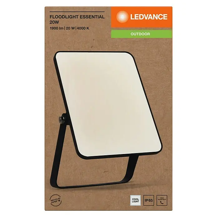 Ledvance Essential LED-Strahler - 20 W, 1.900 lm, 4.000 K, L x B x H: 173 x 111 x 28 mm, IP65 - Abbildung einer LEDVANCE Floodlight Essential 20W, die sich ideal für den Außenbereich eignet. Mit 1900 lm und 4000 K bietet sie helles, kühles Licht.