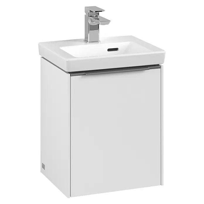 Villeroy & Boch Subway 3.0 Waschbeckenunterschrank - Pure White, Anzahl Türen: 1 Stk., Farbe Griff: Aluminium glänzend, B x T x H: 35,1 x 30,9 x 42,9 cm, DIN Anschlag: Links - Modernes, weißes Waschbecken mit Unterschrank und verchromtem Wasserhahn. Die klare Formgebung und die schlichte Eleganz machen es zu einem Blickfang im Bad.