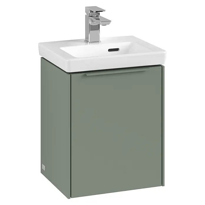 Villeroy & Boch Subway 3.0 Waschbeckenunterschrank - Soft Green, Anzahl Türen: 1 Stk., Farbe Griff: Monochrom, B x T x H: 35,1 x 30,9 x 42,9 cm, DIN Anschlag: Links - Modernes Badezimmer-Waschbecken mit Unterschrank in stilvollem Grün. Ideal für jedes Badezimmerdesign, das eine elegante Note benötigt.