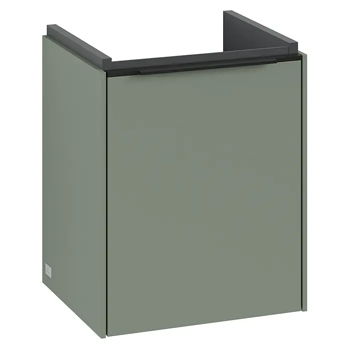 Villeroy & Boch Subway 3.0 Waschbeckenunterschrank - Soft Green, Anzahl Türen: 1 Stk., Farbe Griff: Volcano Black, B x T x H: 35,1 x 30,9 x 42,9 cm, DIN Anschlag: Links - Produktansicht eines modernen Waschtischunterschranks in Olivgrün mit einer schwarzen Akzentleiste. Das Möbelstück besticht durch seine schlichte Eleganz.
