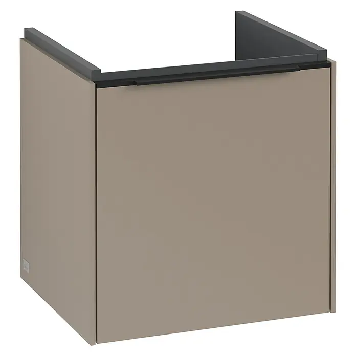 Villeroy & Boch Subway 3.0 Waschbeckenunterschrank - Taupe, Anzahl Türen: 1 Stk., Farbe Griff: Volcano Black, B x T x H: 42,3 x 37,8 x 42,9 cm, DIN Anschlag: Rechts - Abbildung eines Duravit Waschtischunterbaus in Beige mit dunklem Rahmen. Der Fokus liegt auf dem eleganten und modernen Design.