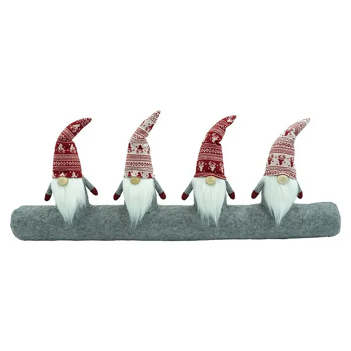 Zugluftstopper Nordic - Grau/Rot, Ø x L: 10 cm x 90 mm - Eine Reihe von vier entzückenden Weihnachtszwergen mit roten Mützen und langen, weißen Bärten, die auf einer grauen Basis stehen.
