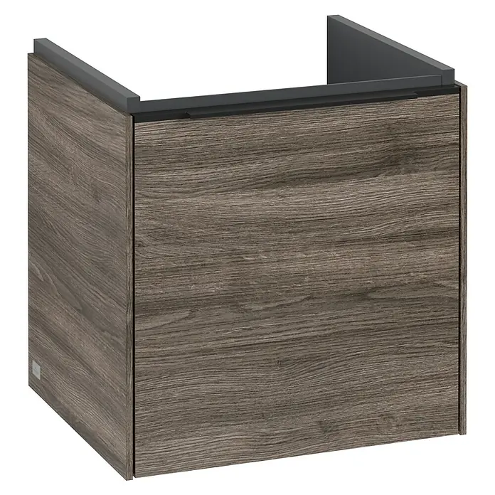 Villeroy & Boch Subway 3.0 Waschbeckenunterschrank - Stone Oak, Anzahl Türen: 1 Stk., Farbe Griff: Volcano Black, B x T x H: 42,3 x 37,8 x 42,9 cm, DIN Anschlag: Rechts - Produktfoto eines Unterschranks in Holzoptik mit einem dunklen Rahmen. Der Holzunterschrank bietet Stauraum im Badezimmer.
