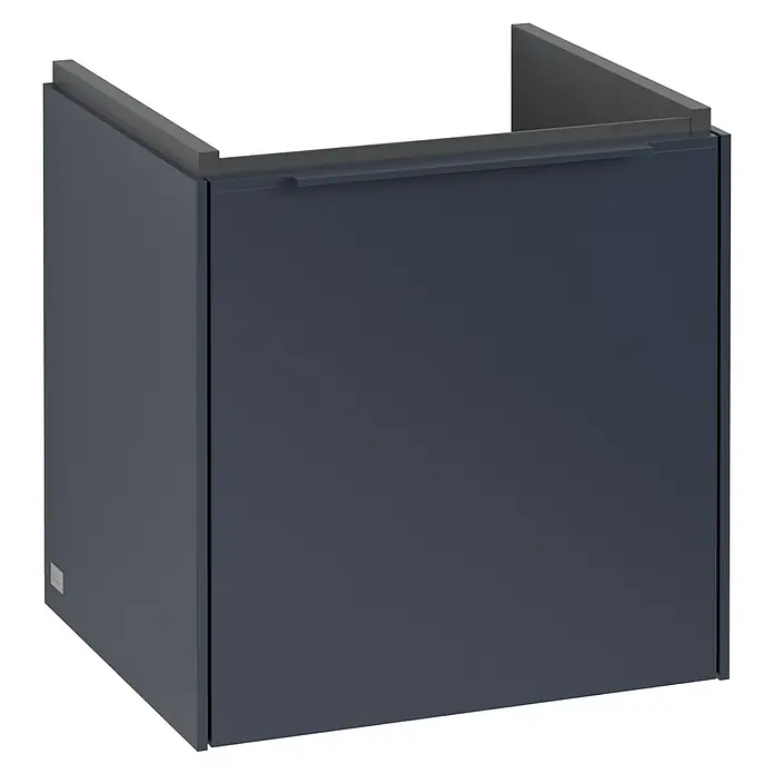 Villeroy & Boch Subway 3.0 Waschbeckenunterschrank - Marine Blue, Anzahl Türen: 1 Stk., Farbe Griff: Monochrom, B x T x H: 42,3 x 37,8 x 42,9 cm, DIN Anschlag: Rechts - Ein moderner, dunkelblauer Badezimmerschrank mit Griffleiste oben, ideal für stilvolle Badgestaltung und praktische Aufbewahrung.