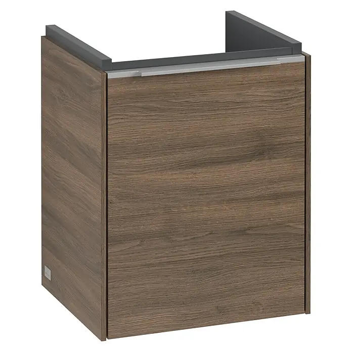 Villeroy & Boch Subway 3.0 Waschbeckenunterschrank - Arizona Oak, Anzahl Türen: 1 Stk., Farbe Griff: Aluminium glänzend, B x T x H: 35,1 x 30,9 x 42,9 cm, DIN Anschlag: Links - Hier sehen Sie einen Waschtischunterschrank mit Holzstruktur und einem grauen Rahmen. Ideal für moderne Badezimmer.