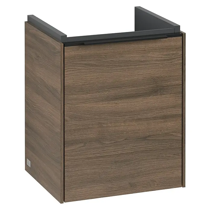 Villeroy & Boch Subway 3.0 Waschbeckenunterschrank - Arizona Oak, Anzahl Türen: 1 Stk., Farbe Griff: Volcano Black, B x T x H: 35,1 x 30,9 x 42,9 cm, DIN Anschlag: Links - Bild eines Waschtischunterschranks in Holzoptik mit grauer Ablagefläche. Der Schrank ist würfelförmig und freistehend.