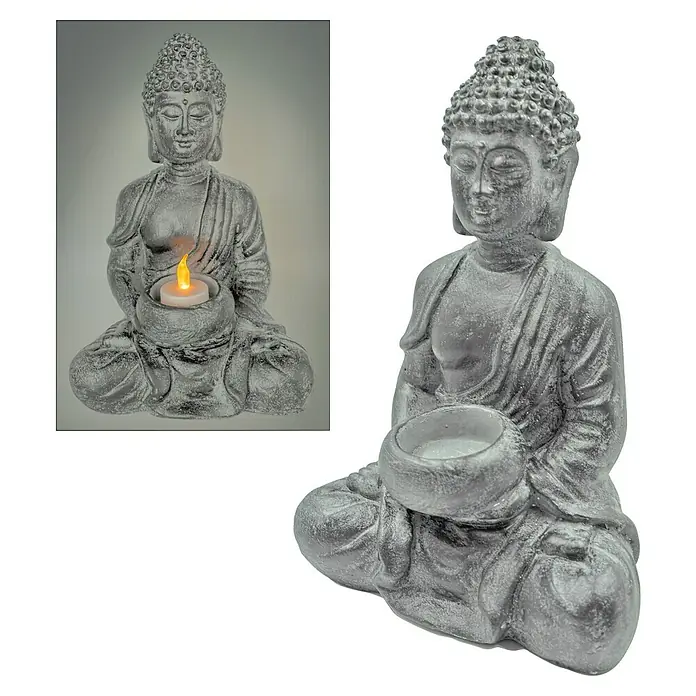 Buddha Ravi - 19 x 13 x 28 cm, Kerzenhalter - Graue Buddha-Statue hält eine brennende Kerze.