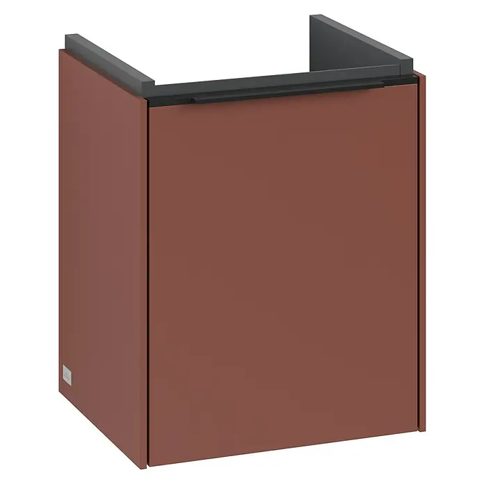 Villeroy & Boch Subway 3.0 Waschbeckenunterschrank - Wine Red, Anzahl Türen: 1 Stk., Farbe Griff: Volcano Black, B x T x H: 35,1 x 30,9 x 42,9 cm, DIN Anschlag: Links - Schlichtes, kastenförmiges Unterbauelement in warmem Braunton mit dunkler Abdeckung, ideal für moderne Badezimmerdesigns.