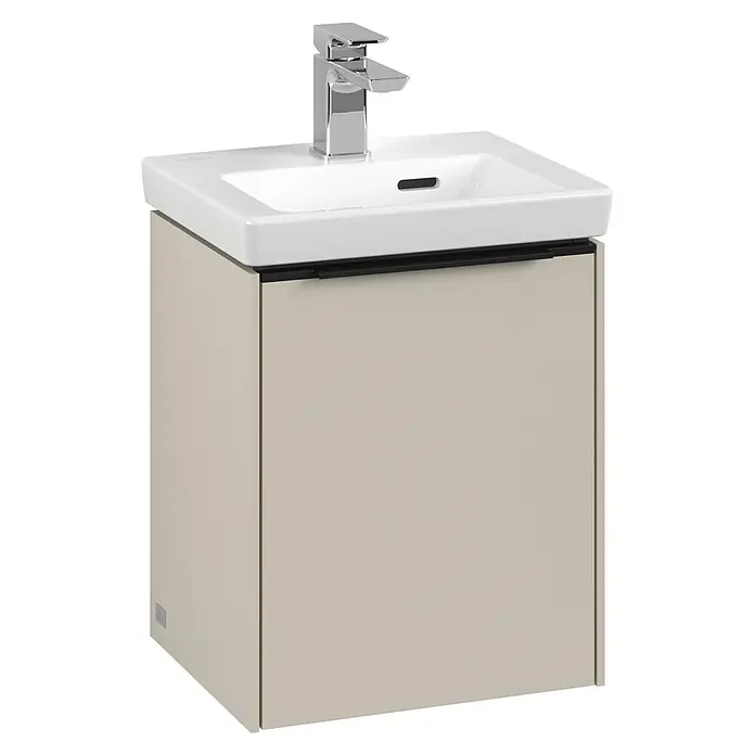 Villeroy & Boch Subway 3.0 Waschbeckenunterschrank - Cashmere Grey, Anzahl Türen: 1 Stk., Farbe Griff: Volcano Black, B x T x H: 35,1 x 30,9 x 42,9 cm, DIN Anschlag: Links - Modernes Waschbecken mit Unterschrank in Beige und chromfarbener Armatur. Ideal für jedes Badezimmerdesign.