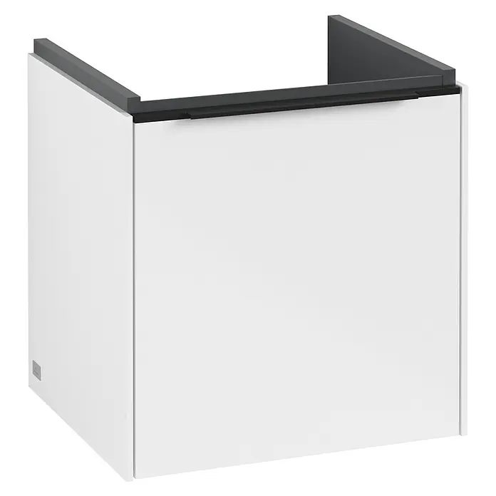 Villeroy & Boch Subway 3.0 Waschbeckenunterschrank - Brilliant White, Anzahl Türen: 1 Stk., Farbe Griff: Volcano Black, B x T x H: 42,3 x 37,8 x 42,9 cm, DIN Anschlag: Rechts - Bild eines modernen weißen Badezimmer-Waschtischunterschranks mit einer grauen Ablagefläche, ideal für stilvolle Badezimmer.