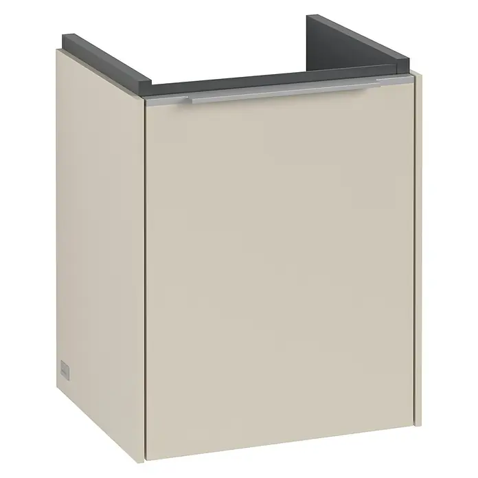 Villeroy & Boch Subway 3.0 Waschbeckenunterschrank - Cashmere Grey, Anzahl Türen: 1 Stk., Farbe Griff: Aluminium glänzend, B x T x H: 35,1 x 30,9 x 42,9 cm, DIN Anschlag: Links - Diese Abbildung zeigt einen modernen, cremefarbenen Waschbeckenunterschrank mit einem schlichten, minimalistischen Design und einem grauen Rahmen.