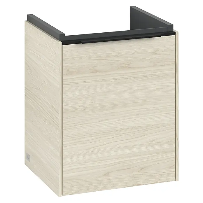 Villeroy & Boch Subway 3.0 Waschbeckenunterschrank - White Oak, Anzahl Türen: 1 Stk., Farbe Griff: Volcano Black, B x T x H: 35,1 x 30,9 x 42,9 cm, DIN Anschlag: Links - Das Bild zeigt einen modernen Waschtischunterschrank mit hellem Holzdekor und einer grauen Abdeckung. Der Schrank hat ein schlichtes, zeitgemäßes Design.