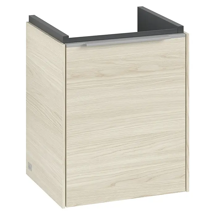Villeroy & Boch Subway 3.0 Waschbeckenunterschrank - White Oak, Anzahl Türen: 1 Stk., Farbe Griff: Aluminium glänzend, B x T x H: 35,1 x 30,9 x 42,9 cm, DIN Anschlag: Links - Hängender Waschtischunterschrank in Holzoptik mit einer grauen Blende. Moderner Badschrank für ein stilvolles Badezimmer.