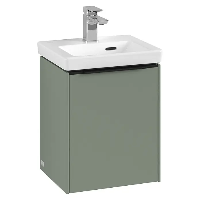 Villeroy & Boch Subway 3.0 Waschbeckenunterschrank - Soft Green, Anzahl Türen: 1 Stk., Farbe Griff: Volcano Black, B x T x H: 35,1 x 30,9 x 42,9 cm, DIN Anschlag: Links - Schickes Badezimmer-Waschbecken mit grünem Unterschrank und glänzender Armatur. Ein modernes Möbelstück für jedes Badezimmer.