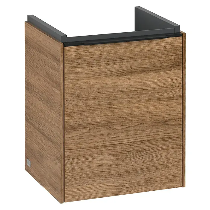 Villeroy & Boch Subway 3.0 Waschbeckenunterschrank - Kansas Oak, Anzahl Türen: 1 Stk., Farbe Griff: Volcano Black, B x T x H: 35,1 x 30,9 x 42,9 cm, DIN Anschlag: Links - Ein moderner Waschtischunterschrank in Holzoptik mit einer grauen Abdeckung. Der Schrank bietet stilvollen Stauraum für jedes Badezimmer.
