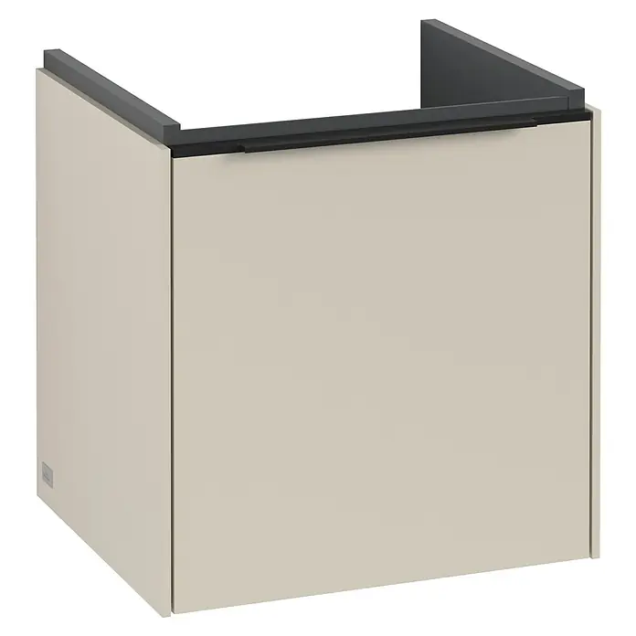 Villeroy & Boch Subway 3.0 Waschbeckenunterschrank - Cashmere Grey, Anzahl Türen: 1 Stk., Farbe Griff: Volcano Black, B x T x H: 42,3 x 37,8 x 42,9 cm, DIN Anschlag: Rechts - Das Bild zeigt einen modernen Waschtischunterschrank in Beige mit einem grauen Rahmen, ideal für ein stilvolles Badezimmerdesign.