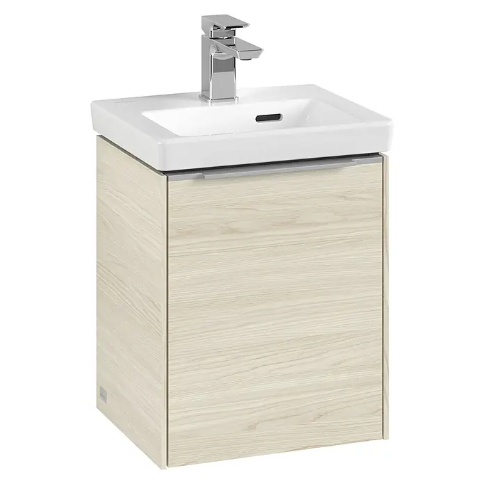 Villeroy & Boch Subway 3.0 Waschbeckenunterschrank - White Oak, Anzahl Türen: 1 Stk., Farbe Griff: Aluminium glänzend, B x T x H: 35,1 x 30,9 x 42,9 cm, DIN Anschlag: Links - Das moderne Waschbecken mit Unterschrank präsentiert sich in schlichtem Weiß und hellem Holzdekor für ein stilvolles Badezimmerambiente.