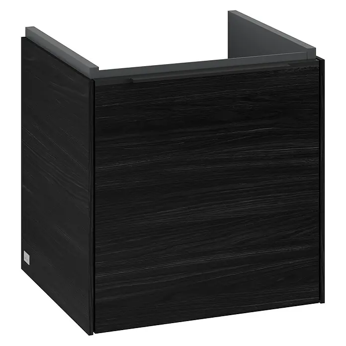 Villeroy & Boch Subway 3.0 Waschbeckenunterschrank - Black Oak, Anzahl Türen: 1 Stk., Farbe Griff: Volcano Black, B x T x H: 42,3 x 37,8 x 42,9 cm, DIN Anschlag: Rechts - Hier ist ein schwarzer Badunterschrank mit Holzmaserung und einer grauen Oberseite für ein modernes Badezimmer.