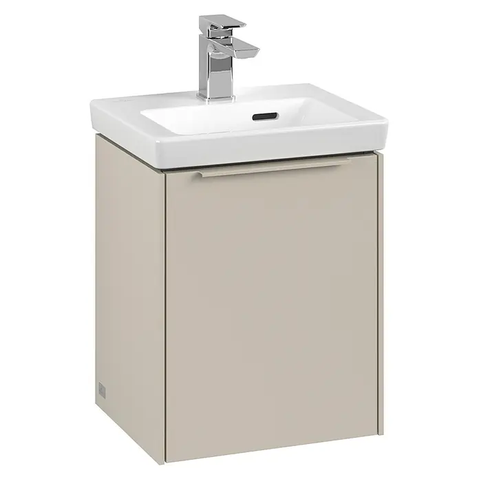 Villeroy & Boch Subway 3.0 Waschbeckenunterschrank - Cashmere Grey, Anzahl Türen: 1 Stk., Farbe Griff: Monochrom, B x T x H: 35,1 x 30,9 x 42,9 cm, DIN Anschlag: Links - Moderner Waschtischunterschrank in Beige mit weißem Waschbecken und Chromarmatur. Ideal für stilvolle Badezimmergestaltung.