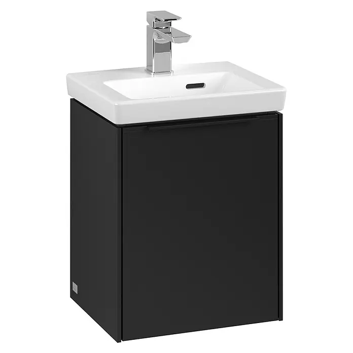 Villeroy & Boch Subway 3.0 Waschbeckenunterschrank - Volcano Black, Anzahl Türen: 1 Stk., Farbe Griff: Volcano Black, B x T x H: 35,1 x 30,9 x 42,9 cm, DIN Anschlag: Links - Elegantes Badezimmer-Waschbecken mit schwarzem Unterschrank und modernem Chrom-Wasserhahn. Ein stilvolles Möbelstück für jedes moderne Bad.