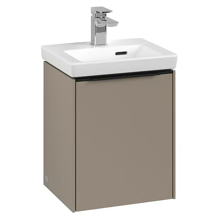 Villeroy & Boch Subway 3.0 Waschbeckenunterschrank - Taupe, Anzahl Türen: 1 Stk., Farbe Griff: Volcano Black, B x T x H: 35,1 x 30,9 x 42,9 cm, DIN Anschlag: Links - Waschbeckenunterschrank mit weißem Waschbecken und chromfarbener Armatur, ideal für moderne Badezimmer.\n