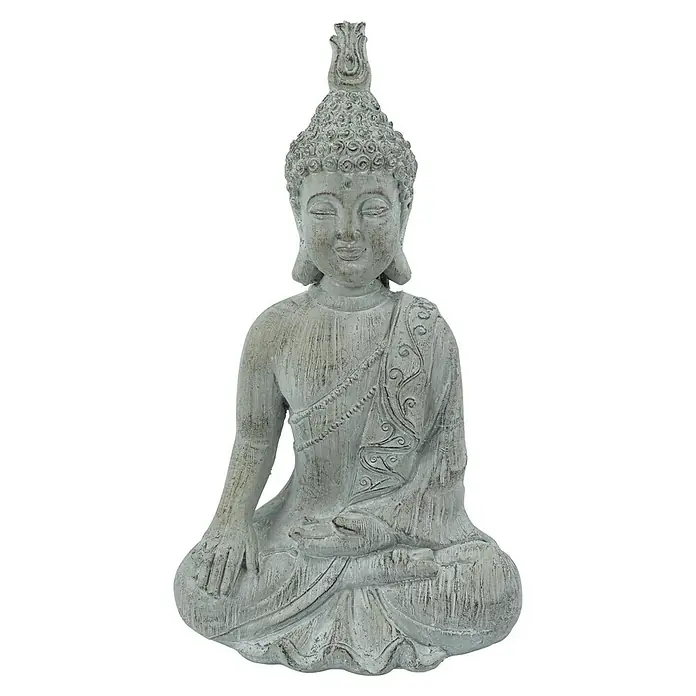Buddha Ravi - 30 x 21 x 55 cm, Sitzend - Hellgraue, verwitterte Buddha-Statue in meditativer Sitzhaltung.
