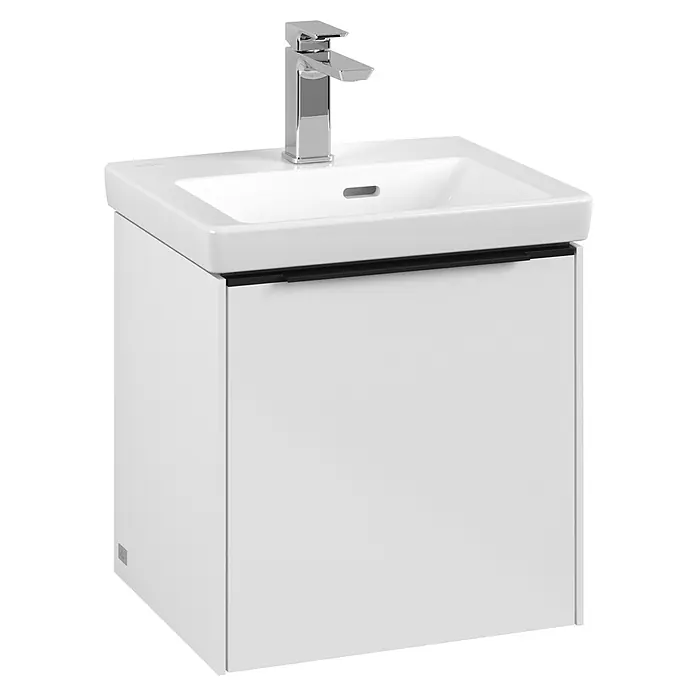 Villeroy & Boch Subway 3.0 Waschbeckenunterschrank - Brilliant White, Anzahl Türen: 1 Stk., Farbe Griff: Volcano Black, B x T x H: 42,3 x 37,8 x 42,9 cm, DIN Anschlag: Rechts - Ein moderner, weißer Waschtischunterschrank mit einer glänzenden Armatur und einer schwarzen Blende, ideal für jedes Badezimmer.