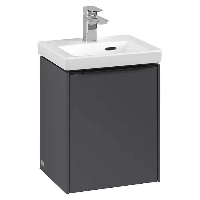 Villeroy & Boch Subway 3.0 Waschbeckenunterschrank - Graphite, Anzahl Türen: 1 Stk., Farbe Griff: Volcano Black, B x T x H: 35,1 x 30,9 x 42,9 cm, DIN Anschlag: Links - Moderne Waschtischkombination mit einem grauen Unterschrank und einem weißen Aufsatzwaschbecken mit Armatur für ein stilvolles Badezimmerdesign.