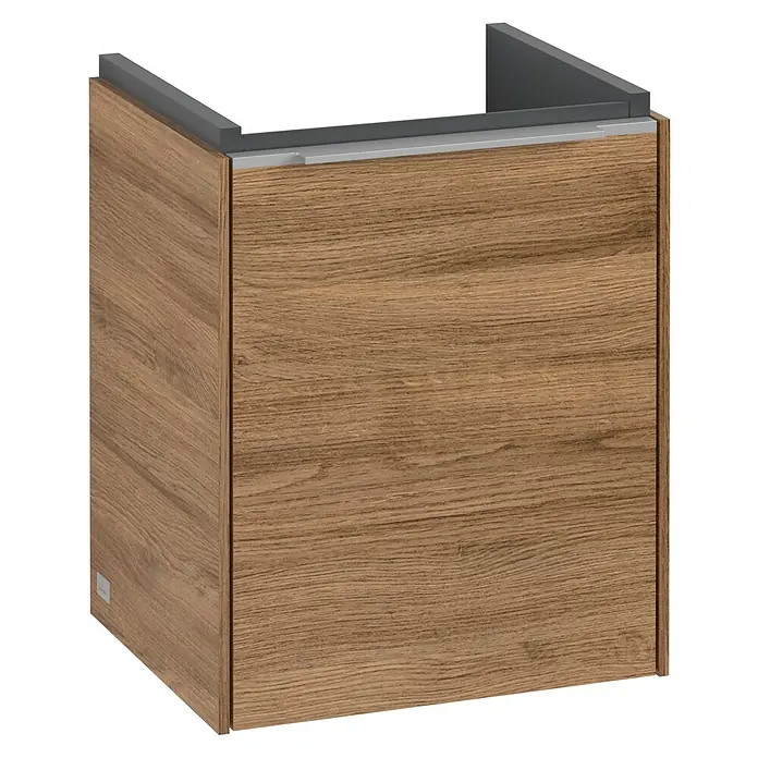 Villeroy & Boch Subway 3.0 Waschbeckenunterschrank - Kansas Oak, Anzahl Türen: 1 Stk., Farbe Griff: Aluminium glänzend, B x T x H: 35,1 x 30,9 x 42,9 cm, DIN Anschlag: Links - Ein moderner Waschtischunterschrank in Holzoptik mit grauen Akzenten. Der Schrank bietet Stauraum und fügt sich elegant ins Badezimmer ein.