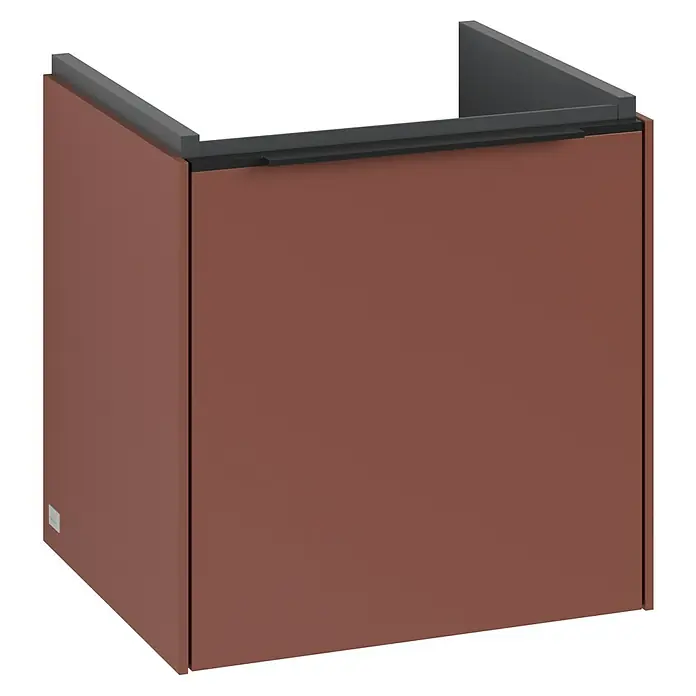 Villeroy & Boch Subway 3.0 Waschbeckenunterschrank - Wine Red, Anzahl Türen: 1 Stk., Farbe Griff: Volcano Black, B x T x H: 42,3 x 37,8 x 42,9 cm, DIN Anschlag: Rechts - Ein stilvoller, brauner Waschtischunterschrank mit einer eleganten, dunklen Abdeckung. Perfekt für moderne Badezimmer.