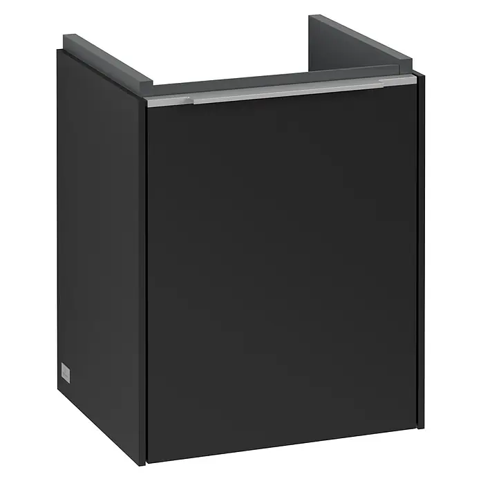Villeroy & Boch Subway 3.0 Waschbeckenunterschrank - Volcano Black, Anzahl Türen: 1 Stk., Farbe Griff: Aluminium glänzend, B x T x H: 35,1 x 30,9 x 42,9 cm, DIN Anschlag: Links - Das Bild zeigt einen schwarzen Unterschrank mit silbernen Akzenten, der eine moderne und elegante Optik bietet.\n
