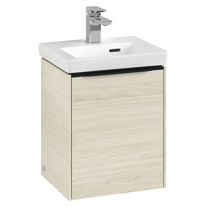 Villeroy & Boch Subway 3.0 Waschbeckenunterschrank - White Oak, Anzahl Türen: 1 Stk., Farbe Griff: Volcano Black, B x T x H: 35,1 x 30,9 x 42,9 cm, DIN Anschlag: Links - Elegantes Waschbeckenunterschrank-Set mit modernem Wasserhahn. Das perfekte Badmöbel für stilvolle Badezimmer, bietet Stauraum und Ästhetik.