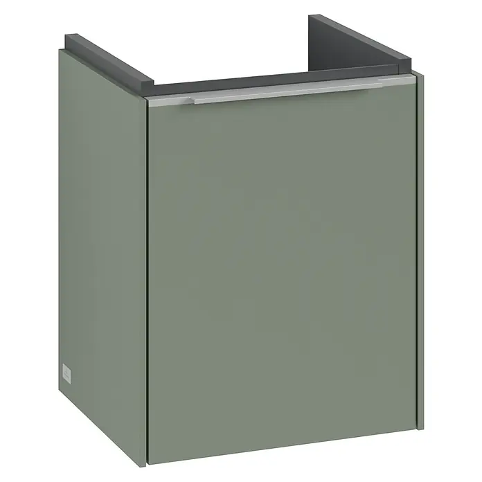 Villeroy & Boch Subway 3.0 Waschbeckenunterschrank - Soft Green, Anzahl Türen: 1 Stk., Farbe Griff: Aluminium glänzend, B x T x H: 35,1 x 30,9 x 42,9 cm, DIN Anschlag: Links - Bild eines Unterschranks mit grüner Front und grauer Oberseite. Praktisches Design für das Badezimmer oder die Küche.