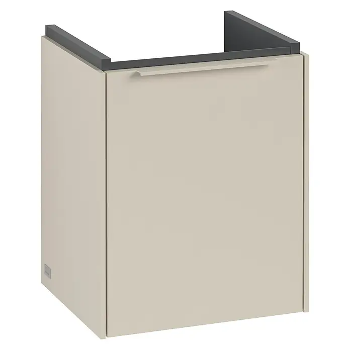 Villeroy & Boch Subway 3.0 Waschbeckenunterschrank - Cashmere Grey, Anzahl Türen: 1 Stk., Farbe Griff: Monochrom, B x T x H: 35,1 x 30,9 x 42,9 cm, DIN Anschlag: Links - Nahaufnahme eines modernen, beigen Badezimmerschranks mit Schublade und grauem Oberteil vor schwarzem Hintergrund.