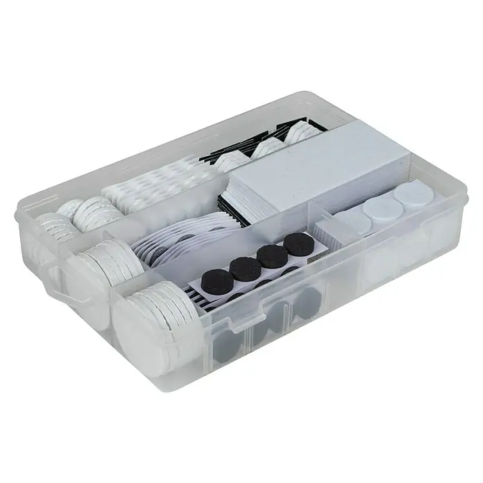 Walteco Möbelgleiter-Set - 272 -tlg. - Eine transparente Box mit einer Auswahl an Möbelgleitern in verschiedenen Formen und Farben, sortiert und übersichtlich.