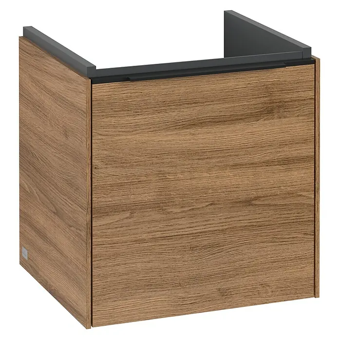 Villeroy & Boch Subway 3.0 Waschbeckenunterschrank - Kansas Oak, Anzahl Türen: 1 Stk., Farbe Griff: Volcano Black, B x T x H: 42,3 x 37,8 x 42,9 cm, DIN Anschlag: Rechts - Ein moderner Waschtischunterschrank in Holzoptik mit einem grauen Aufsatz. Das Möbelstück bietet praktischen Stauraum im Badezimmer.