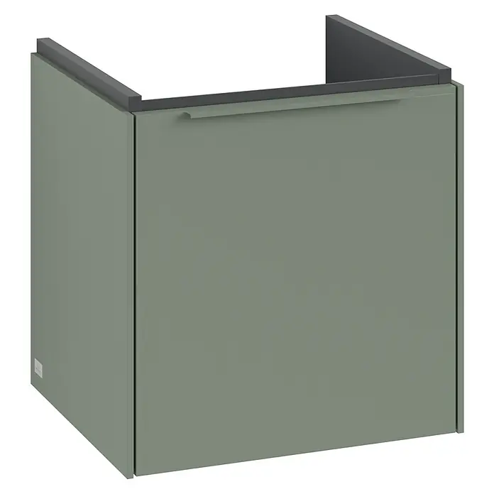 Villeroy & Boch Subway 3.0 Waschbeckenunterschrank - Soft Green, Anzahl Türen: 1 Stk., Farbe Griff: Monochrom, B x T x H: 42,3 x 37,8 x 42,9 cm, DIN Anschlag: Rechts - Ein moderner, olivgrüner Waschbeckenunterschrank mit minimalistischem Design und integriertem Griff für stilvolle Badezimmer.